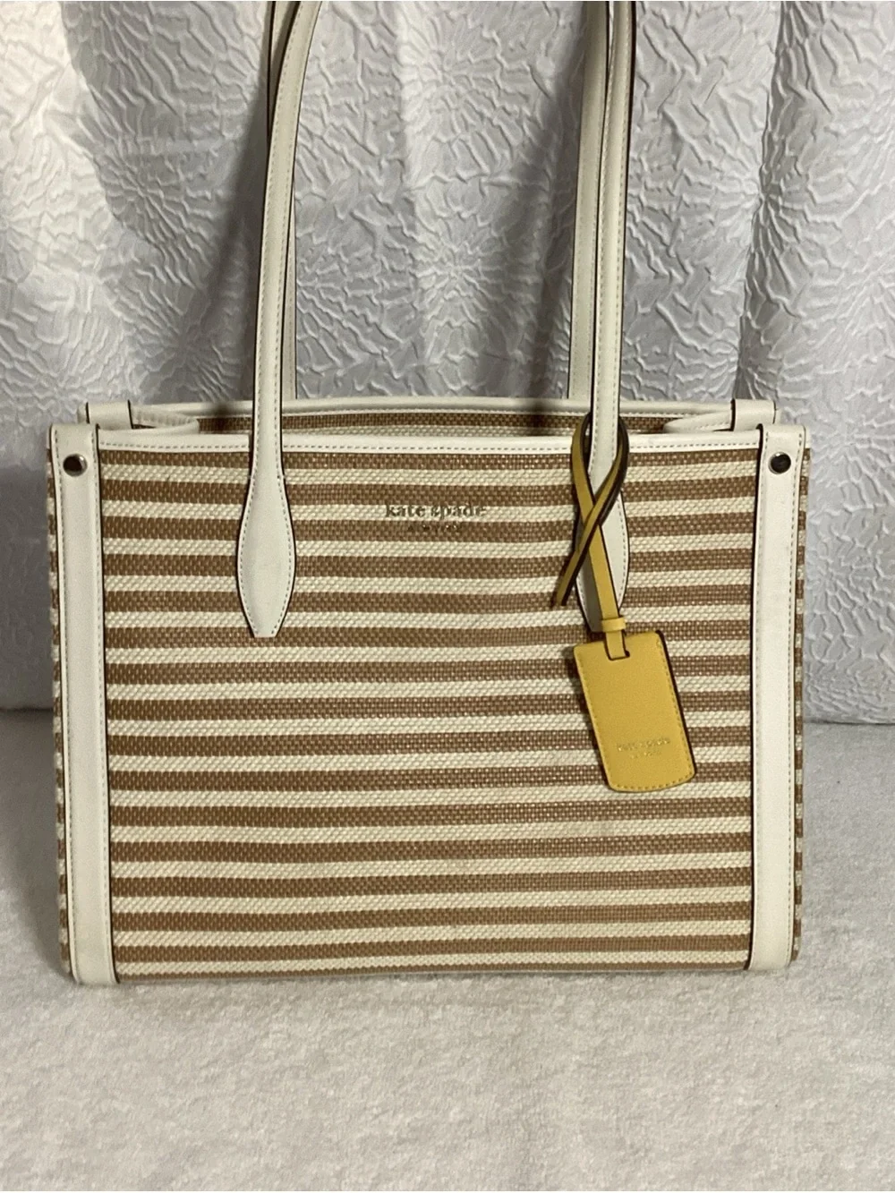Kate Spade Market Stripe Medium Parchment Color Woven Canvas Tote Bag w/ Charm